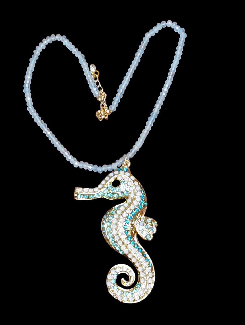 Gold Beaded Crystal Seahorse Pendant Necklace Nautical Coastal Whimsical Playful